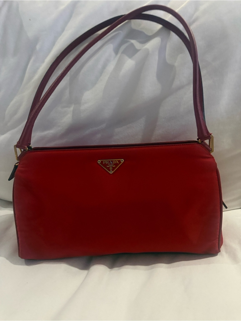 Prada Red Nylon Shoulder Bag with Double Leather Straps